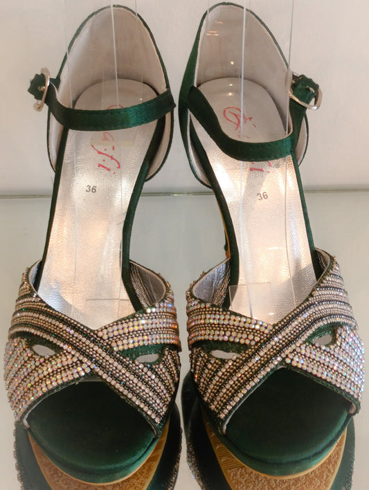 Sandale verte cuir et soie art 289 - Green leather silk sandal