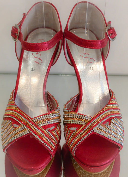 Sandale rouge cuir soie cristaux art 289 - Red leather silk crystals sandal