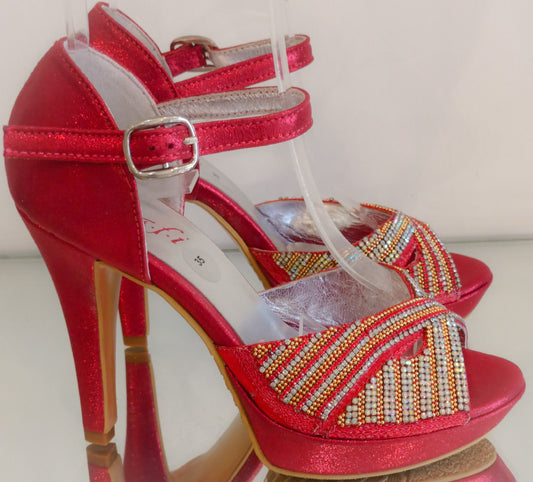 Sandale rouge cuir soie cristaux art 289 - Red leather silk crystals sandal